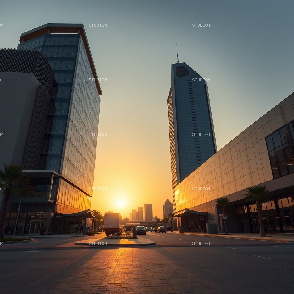 Premium commercial photograph of modern Bahrain architecture at golden hour,
re